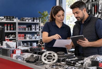 Un comerciante y un proveedor revisan repuestos de moto y una lista de productos en el mostrador de un negocio