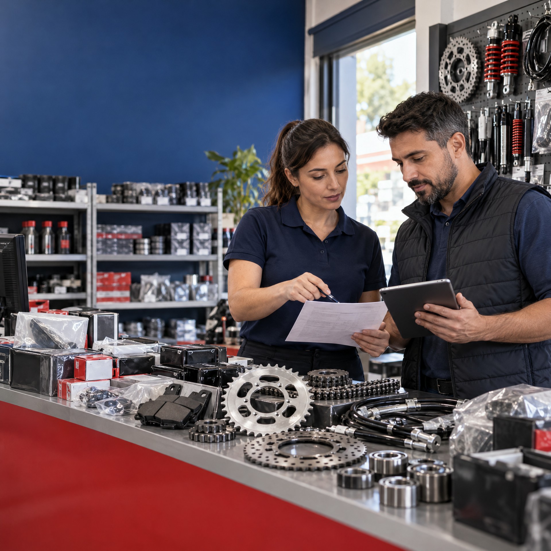 Un comerciante y un proveedor revisan repuestos de moto y una lista de productos en el mostrador de un negocio
